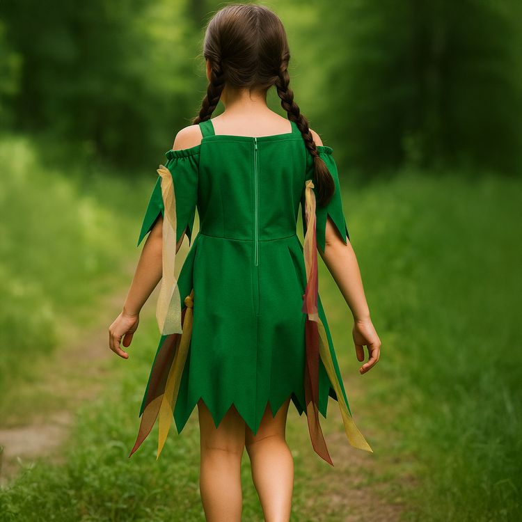 Waldfee Kostüm Elowyn Moosgrün mit bunten Blättern für Kinder mit weißem Hintergrund von Vorne