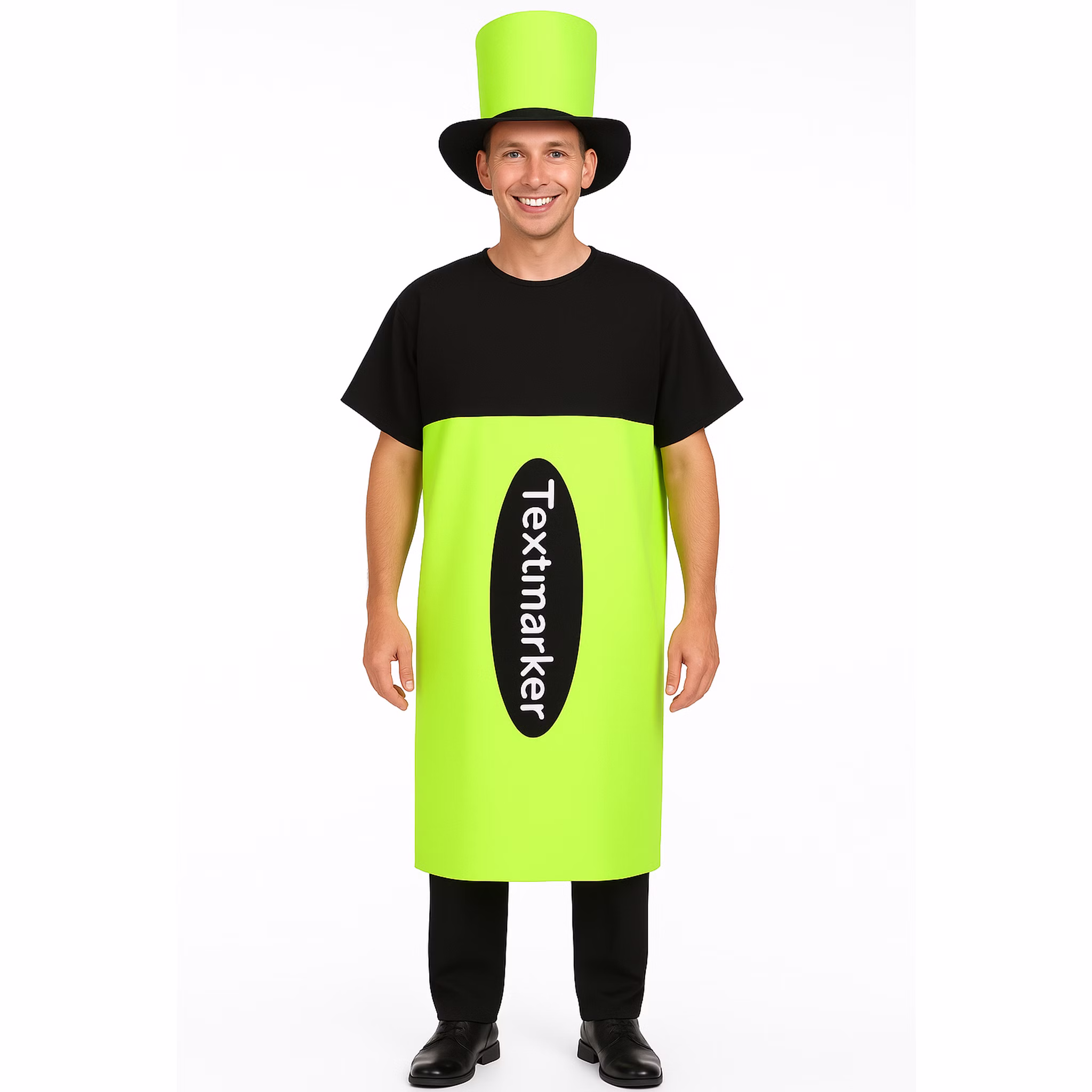 XXL Textmarker Kostüm Stift Neon-Grün für Erwachsene Onesize Fasching Karneval Mottoparty Paar- und Gruppenkostüm Spaßkostüm XXL Textmarker Kostüm Stift Neon-Grün für Erwachsene von Vorne Hinweis: KI generiertes Bild