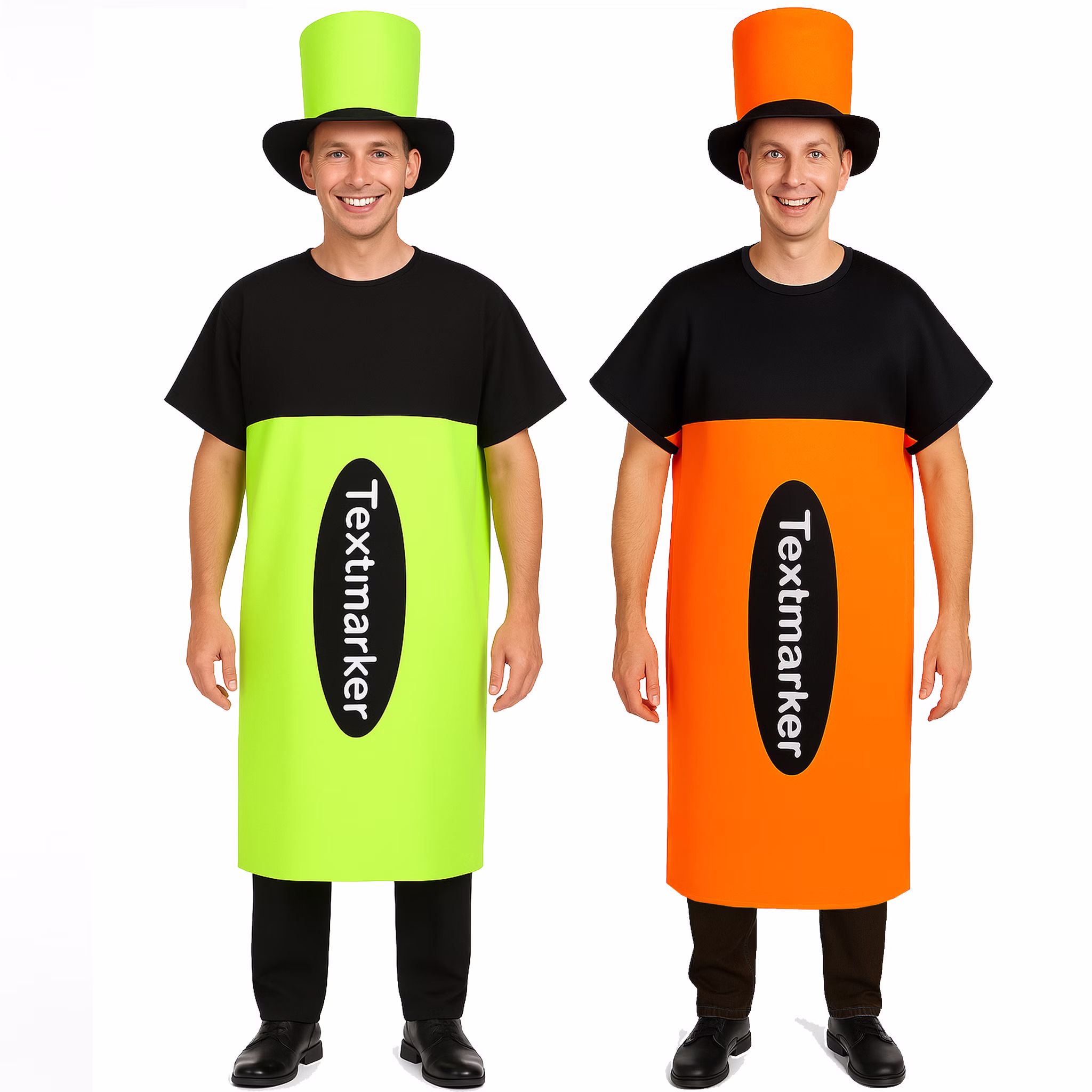XXL Textmarker Kostüm Stift Neon-Grün für Erwachsene Onesize Fasching Karneval Mottoparty Paar- und Gruppenkostüm Spaßkostüm XXL Textmarker Kostüm Stift Neon-Grün und Neon-Orange für Erwachsene als Paarkostüm nebeneinander stehend von Vorn Hinweis: KI generiertes Bild