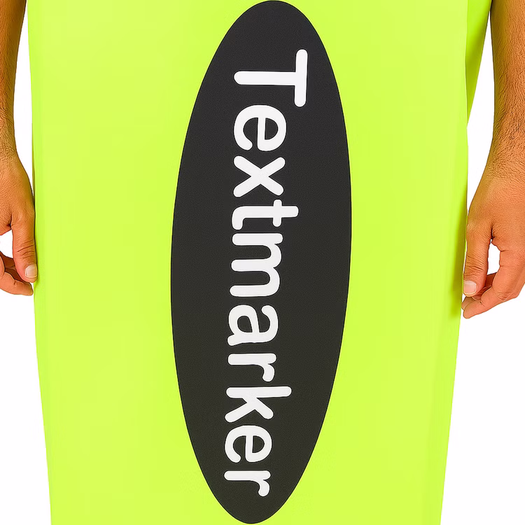 XXL Textmarker Kostüm Stift Neon-Grün für Erwachsene Onesize Fasching Karneval Mottoparty Paar- und Gruppenkostüm Spaßkostüm Detailansicht bedruckte Tunika mit "Textmarker"