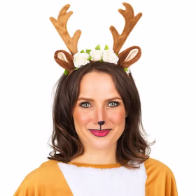 Reh Haarreif mit Geweih & Rehschwanz Tier Kostüm-Set für Damen und Kinder Braun Fasching Karneval Mottoparty Brauner Haarreif mit Geweih und weißen Blüten von Vorne