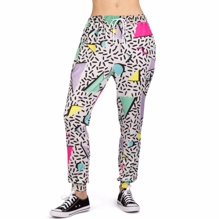 Jogger Retro Vibes Jogginghose Grau mit buntem Muster für Damen Gr. S-XL Kostüm-Zubehör Fasching Karneval Mottoparty Jogger Retro Vibes Jogginghose Grau mit buntem Muster für Damen von Vorne