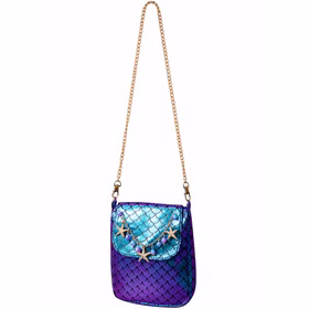 Meerjungfrauen Handtasche Mermaid Tasche Korallenriff Blau Lila für Damen Kostüm-Zubehör Fasching Karneval Mottoparty Meerjungfrauen Handtasche Mermaid Tasche Korallenriff Blau Lila für Damen mit Träger seitlich von Vorne.