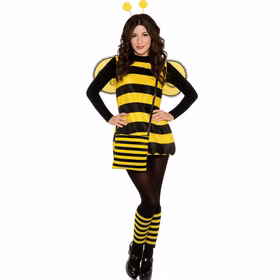 Bienen Handtasche Tier Tasche Schwarz Gelb gestreift für Damen Kostüm-Zubehör Fasching Karneval Mottoparty Eine Frau im Bienen-Kostüm trägt die Bienen Handtasche über der Schulter von Vorne
