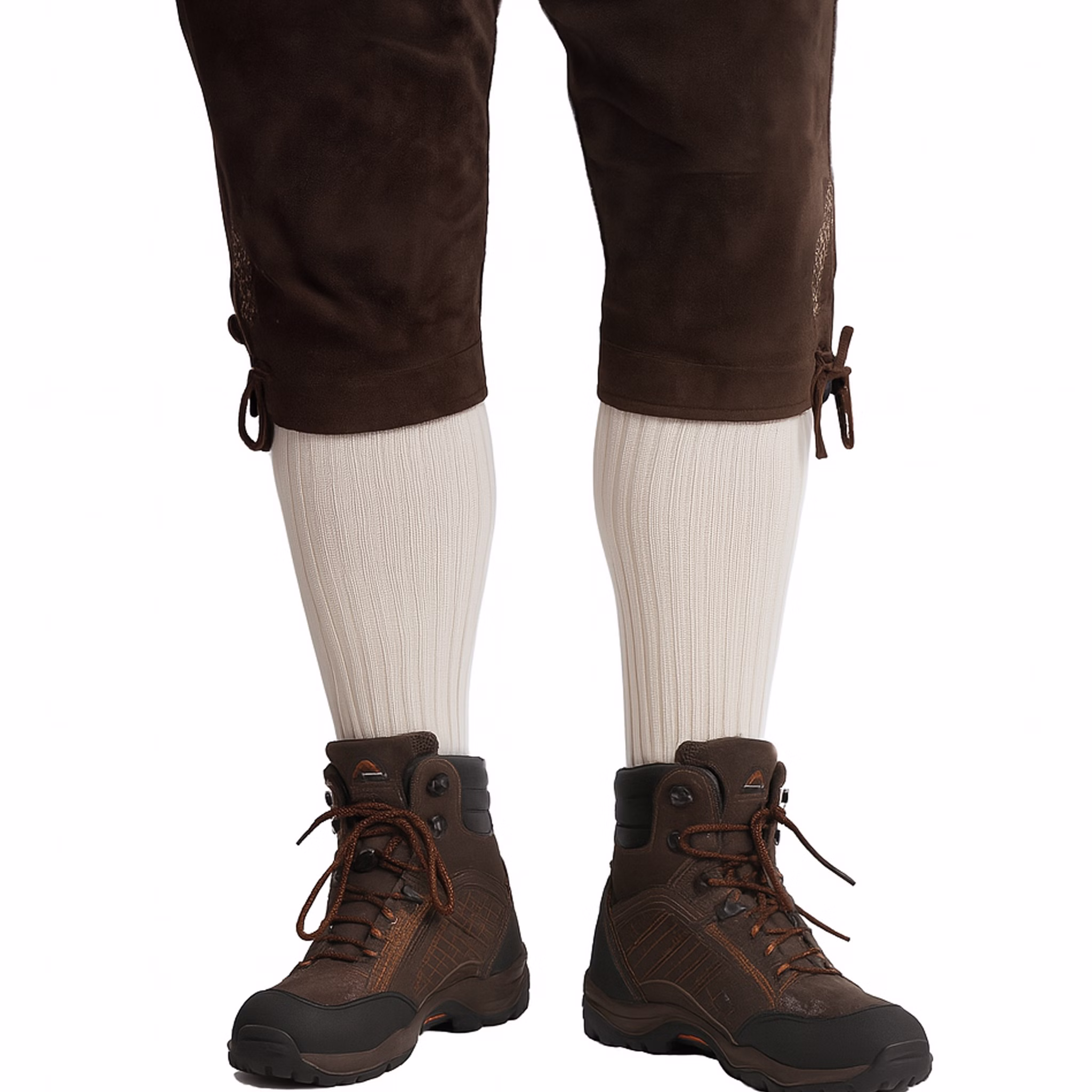 Trachten Kniestrümpfe Cremefarben Oktoberfest Cremefarbene Kniestrümpfe in Trachten-Optik zusammen mit einer braunen Wanderhose und braunen Wanderschuhen von Vorne