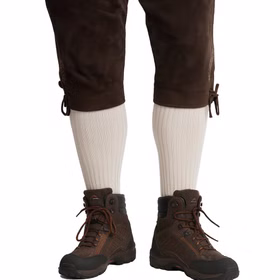 Trachten Kniestrümpfe Cremefarben Oktoberfest Wandern für Erwachsene Gr. 36-47 Kostüm-Zubehör Tracht Wiesn Wandern Cremefarbene Kniestrümpfe in Trachten-Optik zusammen mit einer braunen Wanderhose und braunen Wanderschuhen von Vorne