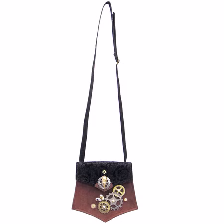 Steampunk Handtasche Braun Tasche mit Zahnrädern und Totenkopf für Damen Kostüm-Zubehör LARP Gothic Fasching Karneval Mottoparty Steampunk Handtasche mit dekorativen Zahnrädern und Totenkopf von Vorne