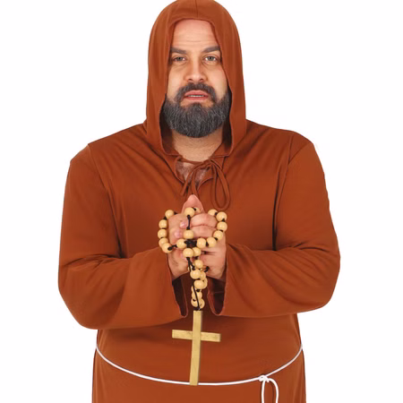 XXL Rosenkranz aus Holz 90 cm mit Kreuz für Erwachsene Kostüm-Zubehör Holzkreuz mit Gebetskette Fasching Karneval Mottoparty Halloween Verkleideter Mönch mit Rosenkranz in beiden Händen haltend