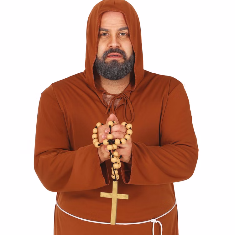 XXL Rosenkranz aus Holz 90 cm mit Kreuz für Erwachsene Kostüm-Zubehör Holzkreuz mit Gebetskette Fasching Karneval Mottoparty Halloween Verkleideter Mönch mit Rosenkranz in beiden Händen haltend