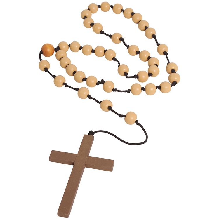 Verkleideter Mönch mit Rosenkranz in beiden Händen haltend