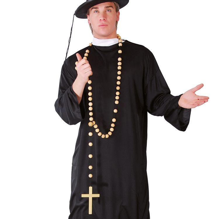 Verkleideter Mönch mit Rosenkranz in beiden Händen haltend