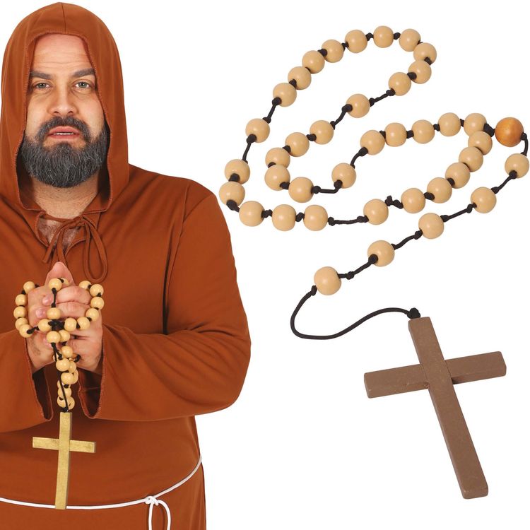 Verkleideter Mönch mit Rosenkranz in beiden Händen haltend