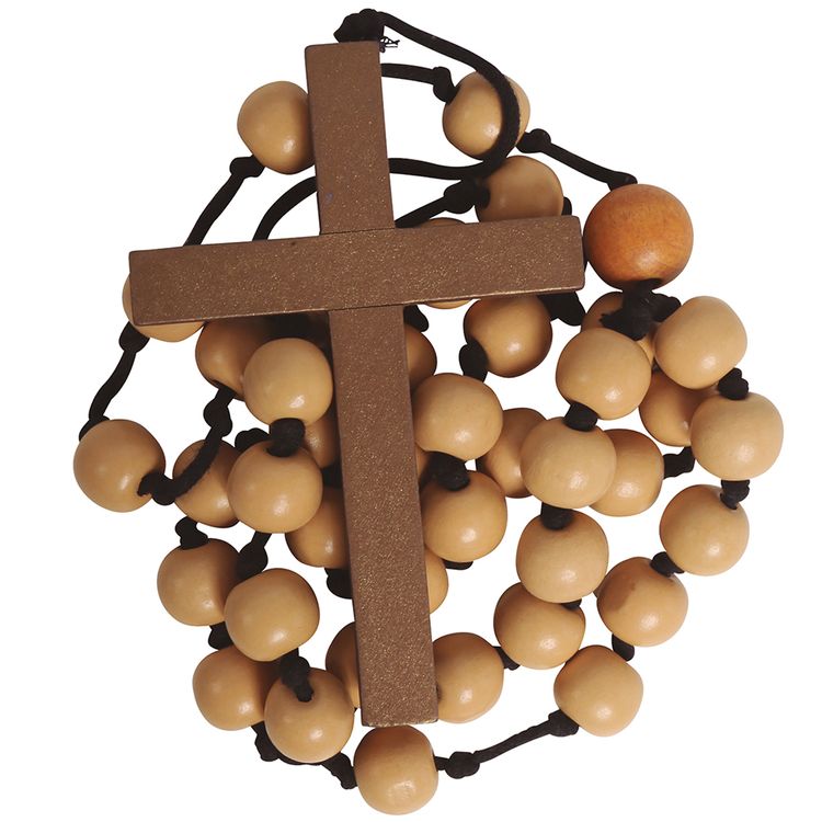 Verkleideter Mönch mit Rosenkranz in beiden Händen haltend