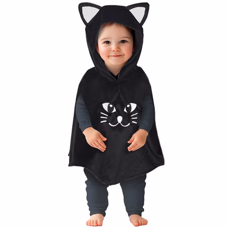 Katzen Kostüm Halloween Schwarzes Kitten für Kleinkinder 18-24 Monate Tierkostüm Katze Fasching Karneval Mottoparty Rollenspiel Katzen Kostüm bestehend aus einem ärmellosen Poncho mit Kapuze für Kleinkinder von Vorne