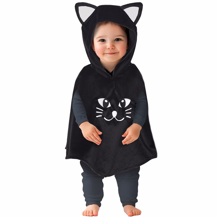 Katzen Kostüm Halloween Schwarzes Kitten für Kleinkinder 18-24 Monate Tierkostüm Katze Fasching Karneval Mottoparty Rollenspiel Katzen Kostüm bestehend aus einem ärmellosen Poncho mit Kapuze für Kleinkinder von Vorne