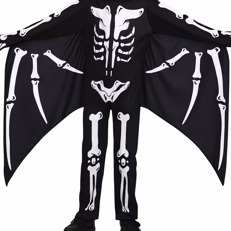 Flugsaurier Kostüm Halloween Dino-Skelett Pterodactylus Flügelfinger für Kinder 3-9 Jahre Fasching Karneval Geburtstag Mottoparty Halloween-Party Nahaufnahme des Kostüms Dino-Skelett Pterodactylus Flügelfinger mit ausgebreiteten Armen für Kinder von Vorne