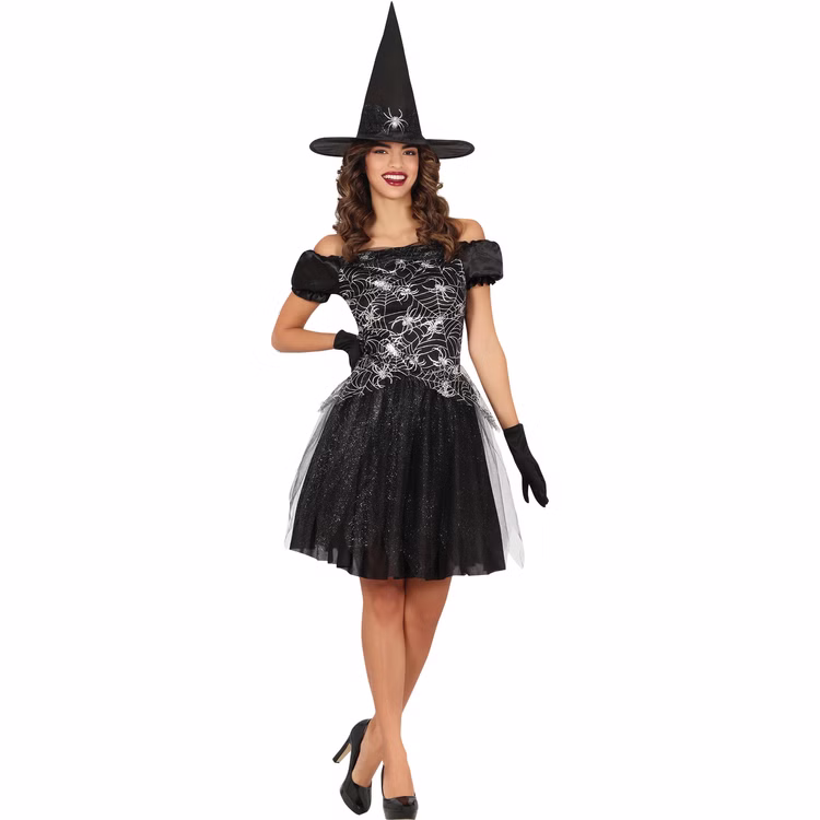 Hexen Kostüm Hexe Morgana mit Hexenhut für Damen Gr. 36-44 Schwarz Silber Halloween-Outfit Spinnen-Design Spinnennetz Fasching Karneval Mottoparty Hexen Kostüm Hexe Morgana mit Hexenhut für Damen von Vorne