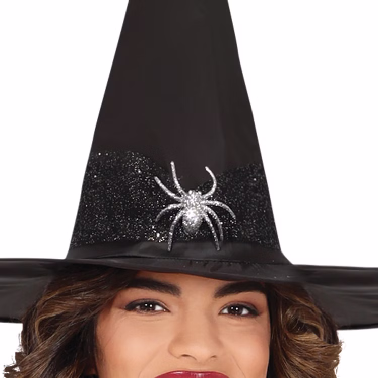 Hexen Kostüm Hexe Morgana mit Hexenhut für Damen Gr. 36-44 Schwarz Silber Halloween-Outfit Spinnen-Design Spinnennetz Fasching Karneval Mottoparty Nahaufnahme des spitzen Hexenhuts mit silberfarbener Spinne von Vorne