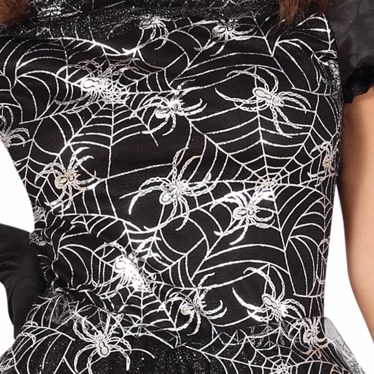 Hexen Kostüm Hexe Morgana mit Hexenhut für Damen Gr. 36-44 Schwarz Silber Halloween-Outfit Spinnen-Design Spinnennetz Fasching Karneval Mottoparty Nahaufnahme des Oberteils mit detailreichen Spinnennetz-Muster von Vorne
