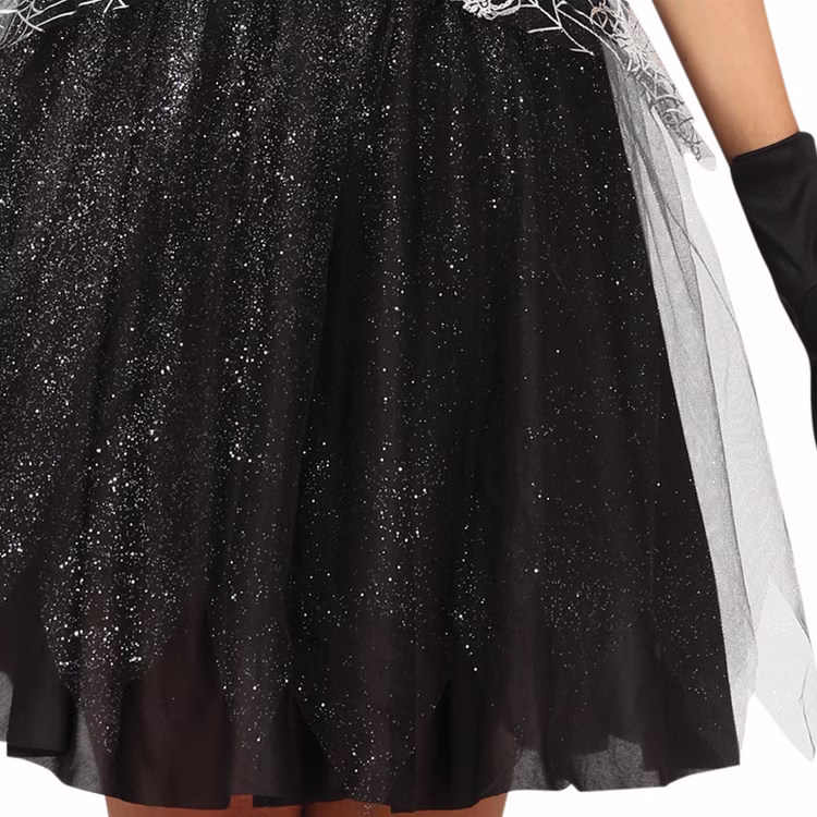 Hexen Kostüm Hexe Morgana mit Hexenhut für Damen Gr. 36-44 Schwarz Silber Halloween-Outfit Spinnen-Design Spinnennetz Fasching Karneval Mottoparty Nahaufnahme des des schwarzen Tüllrocks mit silbernen Punkten von Vorne
