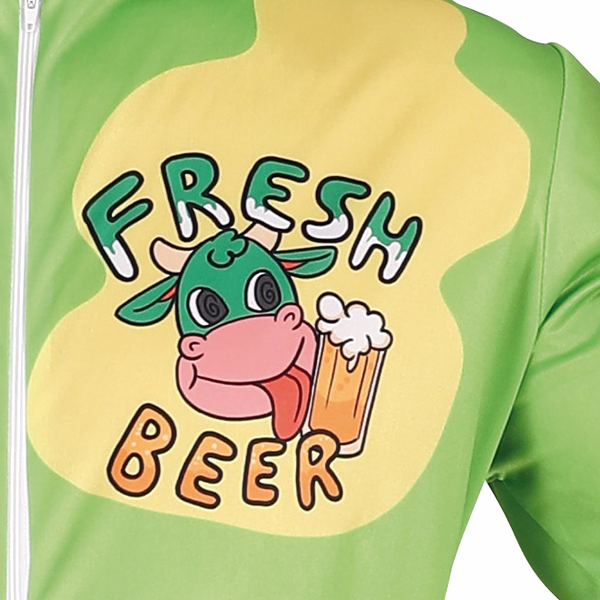 Kuh Kostüm Bier Party-Kuh Zapf Muhster für Herren Gr. 48-52 Grün JGA Fasching Karneval Mottoparty Geburtstag Detailaufnahme Aufdruck "Fresh Beer" auf dem Overall von Vorne