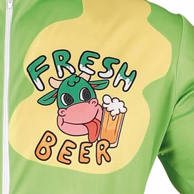 Kuh Kostüm Bier Party-Kuh Zapf Muhster für Herren Gr. 48-52 Grün JGA Fasching Karneval Mottoparty Geburtstag Detailaufnahme Aufdruck "Fresh Beer" auf dem Overall von Vorne