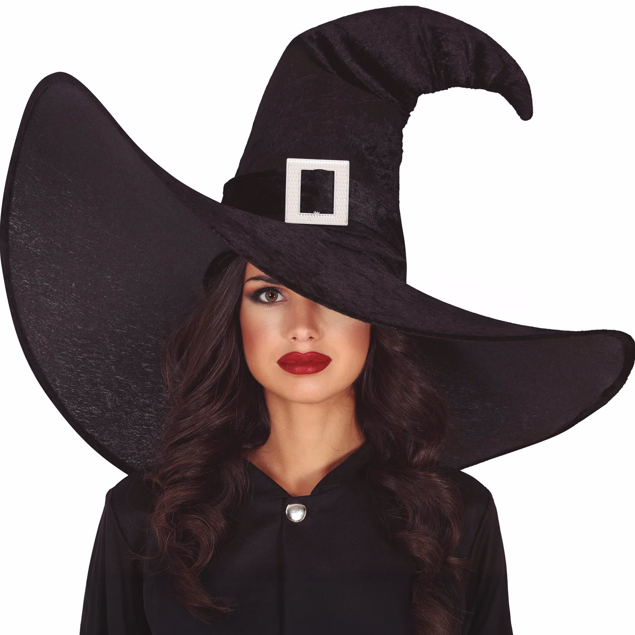 XXL Hexenhut Black Witch Schwarz Halloween für Damen Kostüm-Zubehör Gothic Fasching Karneval Mottoparty XXL Hexenhut Black Witch Schwarz Halloween auf dem Kopf einer Frau mit schwarzem Kleid von Vorne