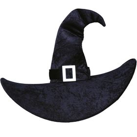 XXL Hexenhut Black Witch Schwarz Halloween auf dem Kopf einer Frau mit schwarzem Kleid von Vorne