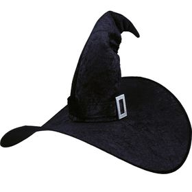 XXL Hexenhut Black Witch Schwarz Halloween auf dem Kopf einer Frau mit schwarzem Kleid von Vorne