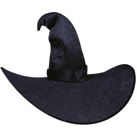 XXL Hexenhut Black Witch Schwarz Halloween auf dem Kopf einer Frau mit schwarzem Kleid von Vorne
