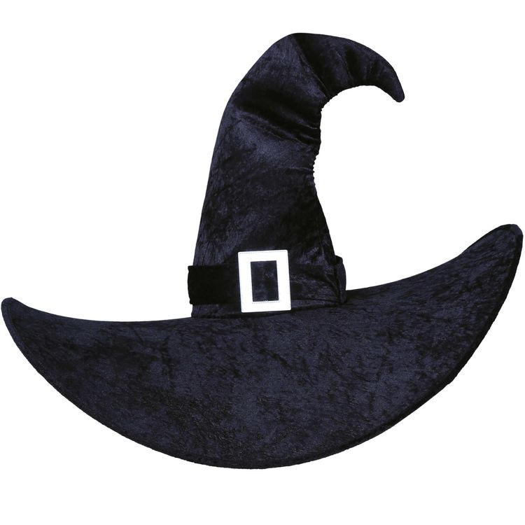 XXL Hexenhut Black Witch Schwarz Halloween für Damen XXL Hexenhut Black Witch Schwarz Halloween auf dem Kopf einer Frau mit schwarzem Kleid von Vorne