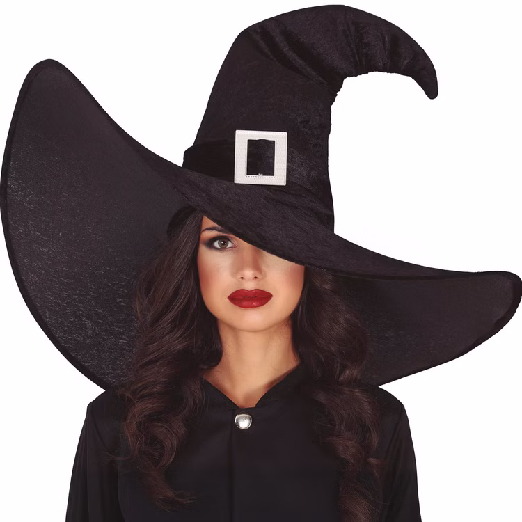 XXL Hexenhut Black Witch Schwarz Halloween für Damen Kostüm-Zubehör Gothic Fasching Karneval Mottoparty XXL Hexenhut Black Witch Schwarz Halloween auf dem Kopf einer Frau mit schwarzem Kleid von Vorne