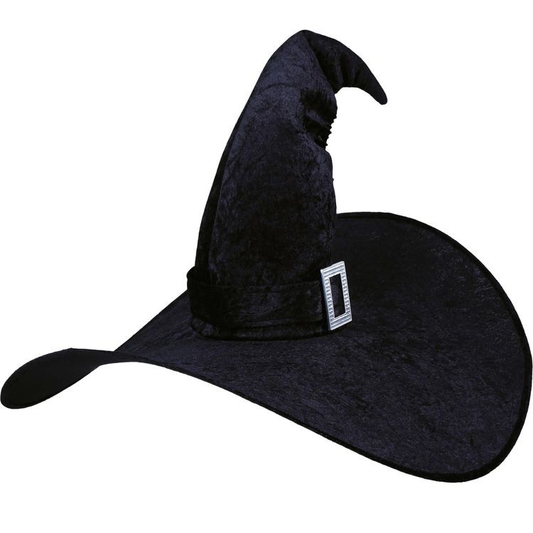 XXL Hexenhut Black Witch Schwarz Halloween für Damen XXL Hexenhut Black Witch Schwarz Halloween auf dem Kopf einer Frau mit schwarzem Kleid von Vorne
