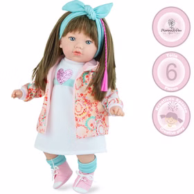 Puppe Nora 45 cm mit langen braunen Haaren & Weichkörper für Kinder Spielzeug-Puppe Softkörper Spielpuppe Spielwaren Geschenkidee Geburtstag Weihnachten Puppe Nora mit Hinweisen zum Hersteller, 6-teiliger Bekleidung und Kreatives Spielen