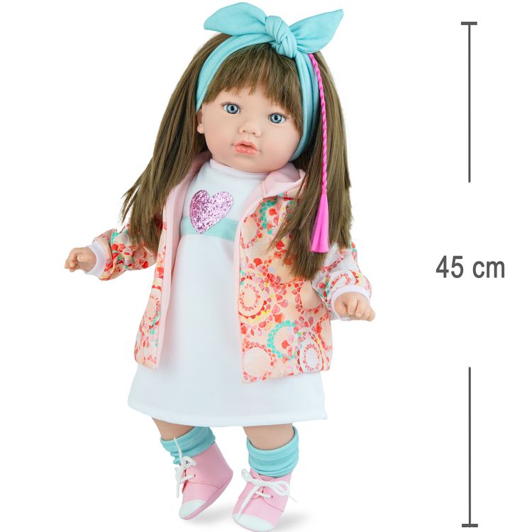 Puppe Nora 45 cm mit langen braunen Haaren & Weichkörper für Kinder Puppe Nora mit Hinweisen zum Hersteller, 6-teiliger Bekleidung und Kreatives Spielen