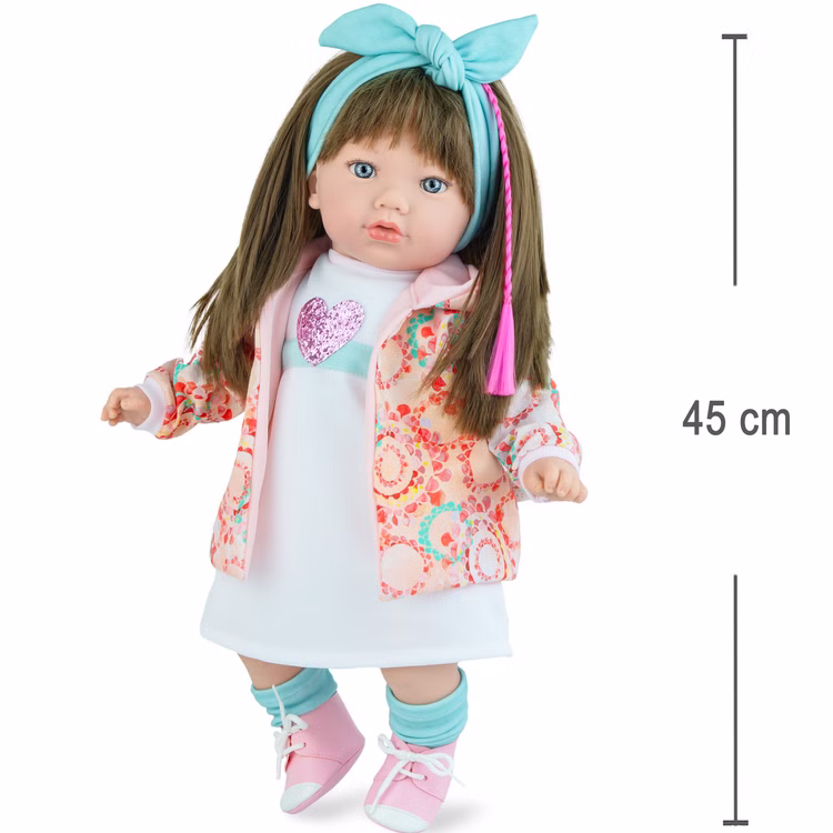 Puppe Nora 45 cm mit langen braunen Haaren & Weichkörper für Kinder Spielzeug-Puppe Softkörper Spielpuppe Spielwaren Geschenkidee Geburtstag Weihnachten Puppe Nora mit Größenangabe von 45 Zentimeter