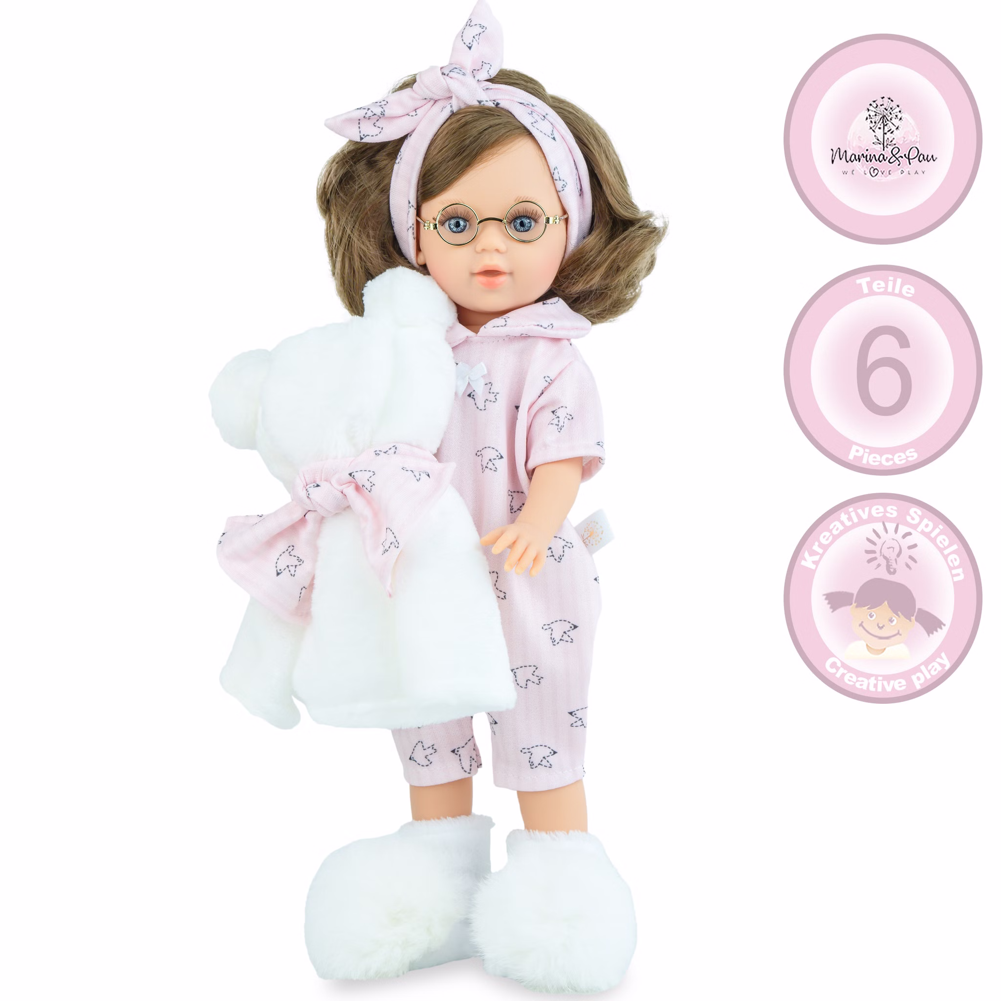 Puppe Anna Pyjama-Party 40 cm mit langen Haaren & Vinylkörper für Kinder Spielzeug-Puppe Spielpuppe Spielwaren Geschenkidee Geburtstag Weihnachten Puppe Anna mit Hinweisen zum Hersteller, 6-teiliger Bekleidung und Kreatives Spielen