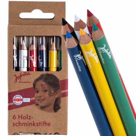 Schminkstifte 6 Bunte Holzschminkstifte Hautfreundliches Make-Up Kinderschminken Kostüm-Zubehör Fasching Karneval Kindergeburtstag Mottoparty Kombination aus Verpackung und herausgenommenen Jofrika Holzschminkstiften in sechs Farben.