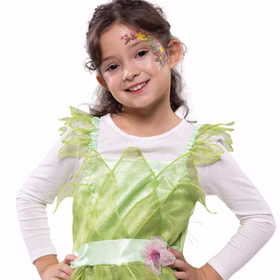 Schminkstifte 6 Bunte Holzschminkstifte Hautfreundliches Make-Up Kinderschminken Kostüm-Zubehör Fasching Karneval Kindergeburtstag Mottoparty Mädchen im grünen Kostüm, geschminkt mit floralen Mustern durch Jofrika Holzschminkstifte.