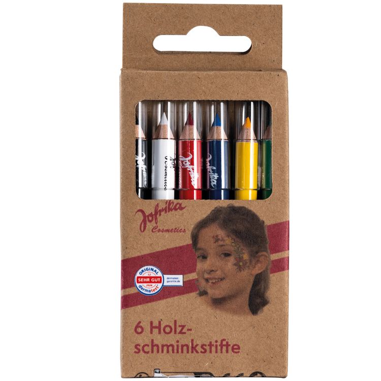 Kombination aus Verpackung und herausgenommenen Jofrika Holzschminkstiften in sechs Farben.