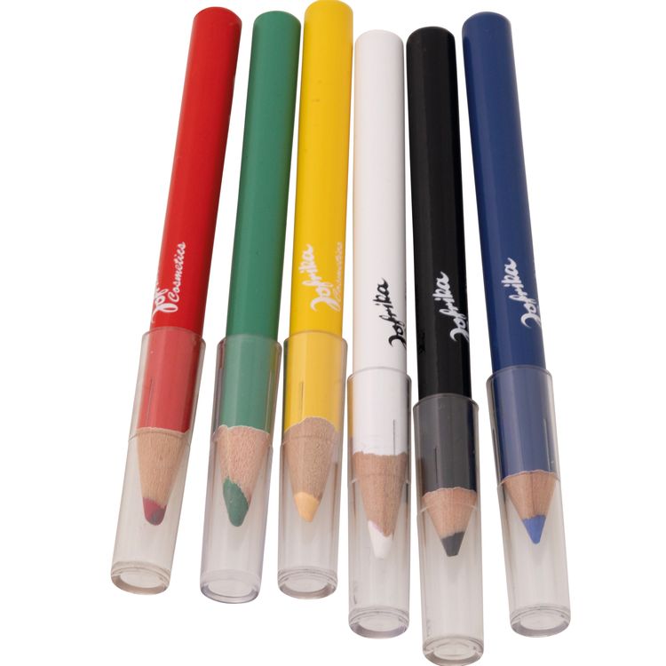 Kombination aus Verpackung und herausgenommenen Jofrika Holzschminkstiften in sechs Farben.