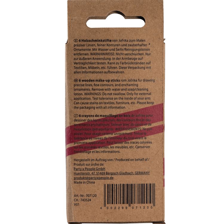 Kombination aus Verpackung und herausgenommenen Jofrika Holzschminkstiften in sechs Farben.