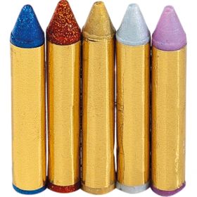 Verpackung der Jofrika Bio-Glitterstifte mit fünf Farben, Spitzer und Schminkbeispiel auf dem Gesicht.
