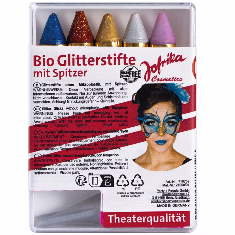 Bio Glitter Schminkstifte Set 5 Farben & Spitzer Naturkosmetik ohne Mikroplastik Kinderschminken Schminke Make-Up Kostüm-Zubehör Fasching Karneval Kindergeburtstag Mottoparty Verpackung der Jofrika Bio-Glitterstifte mit fünf Farben, Spitzer und Schminkbeispiel auf dem Gesicht.
