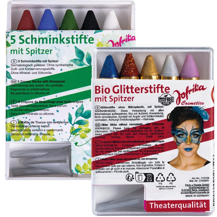 Verpackung der Jofrika Bio-Glitterstifte mit fünf Farben, Spitzer und Schminkbeispiel auf dem Gesicht.
