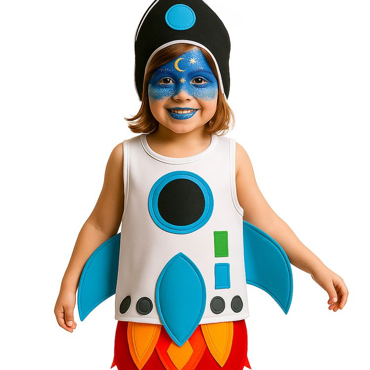 Verpackung der Jofrika Bio-Glitterstifte mit fünf Farben, Spitzer und Schminkbeispiel auf dem Gesicht.