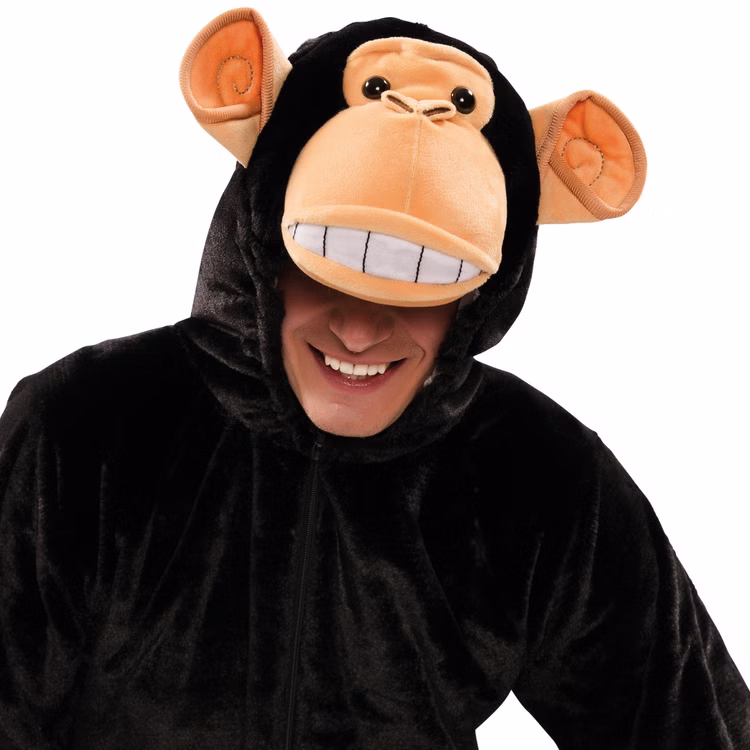 Affen Kostüm Schimpanse Charly für Erwachsene Gr. 42-52 Tier Schwarz Tierkostüm Gorilla Paar- und Gruppenkostüm Fasching Karneval Mottoparty Detailaufnahme Kapuze mit Schimpansengesicht von Vorne