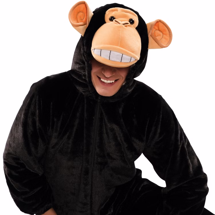 Affen Kostüm Schimpanse Charly für Erwachsene Gr. 42-52 Tier Schwarz Tierkostüm Gorilla Paar- und Gruppenkostüm Fasching Karneval Mottoparty Nahaufnahme Oberteil mit Kapuze von Vorne