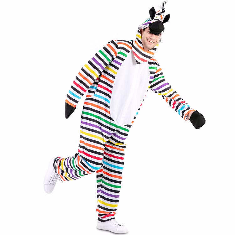 Zebra Kostüm Rainbow Zottel Bunt gestreift für Herren Gr. 52 Tier Tierkostüm Spaßkostüm Fasching Karneval Mottoparty Pride CSD Zebra Kostüm Rainbow Zottel Bunt gestreift für Herren seitlich von Vorne