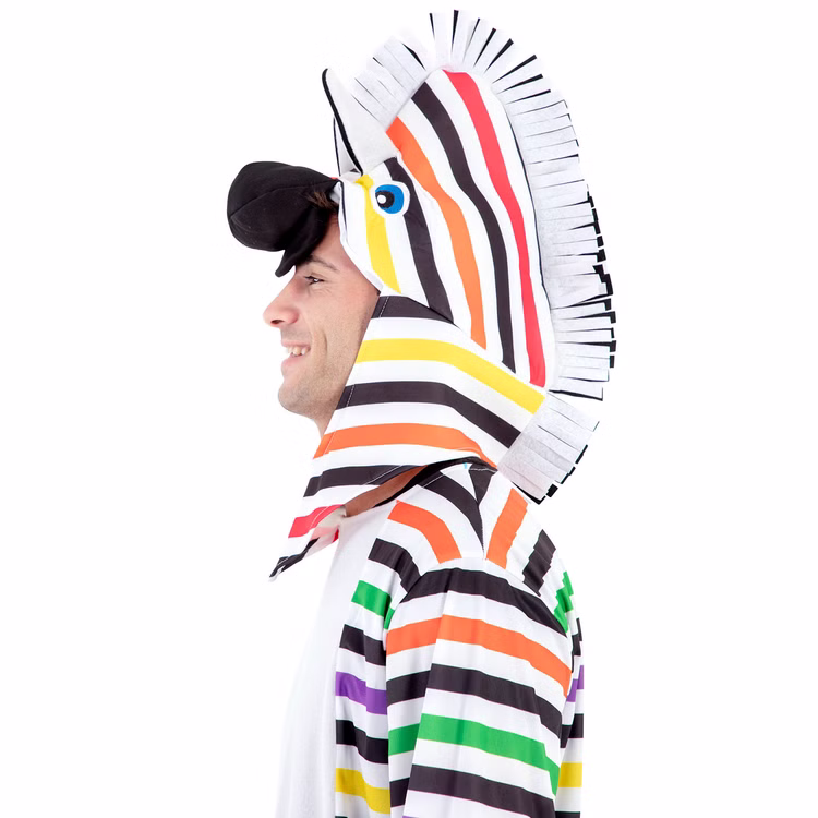 Zebra Kostüm Rainbow Zottel Bunt gestreift für Herren Gr. 52 Tier Tierkostüm Spaßkostüm Fasching Karneval Mottoparty Pride CSD Nahaufnahme gestreifte Kapuze mit Mähne von der Seite
